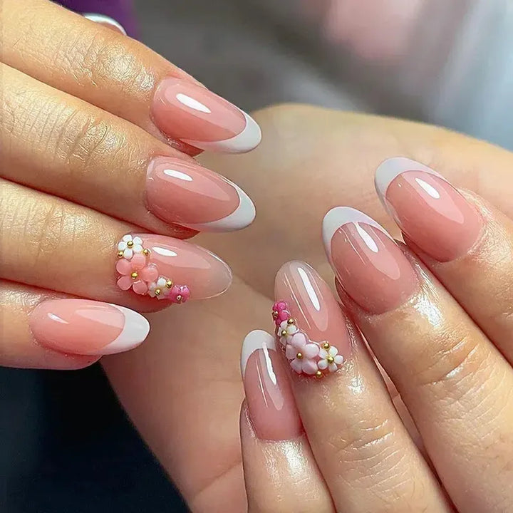 Almond Press-On Nails – 24 Pcs Flower Pattern False Nails | Bennys Beauty World-Nails-Bennys Beauty World