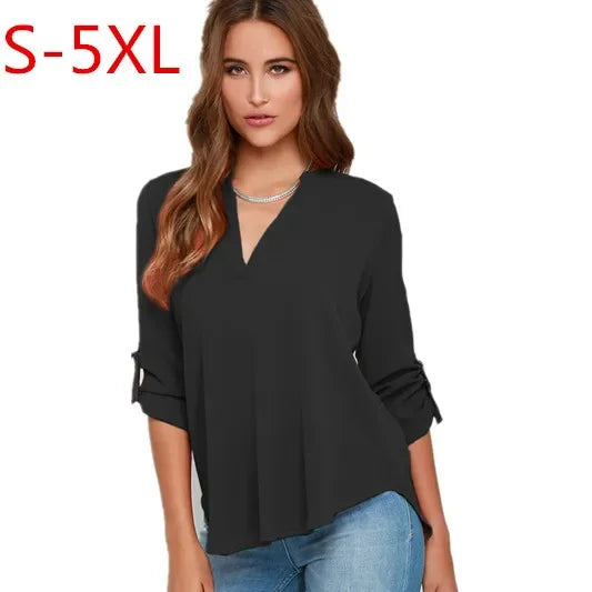 Women's Tops Blouses Long Sleeve V-Neck Chiffon Blouse