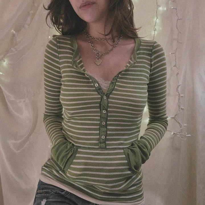 Vintage Knitted Sweater Cutest V Neck Long Sleeve Stripe Jumper-blouse-Bennys Beauty World
