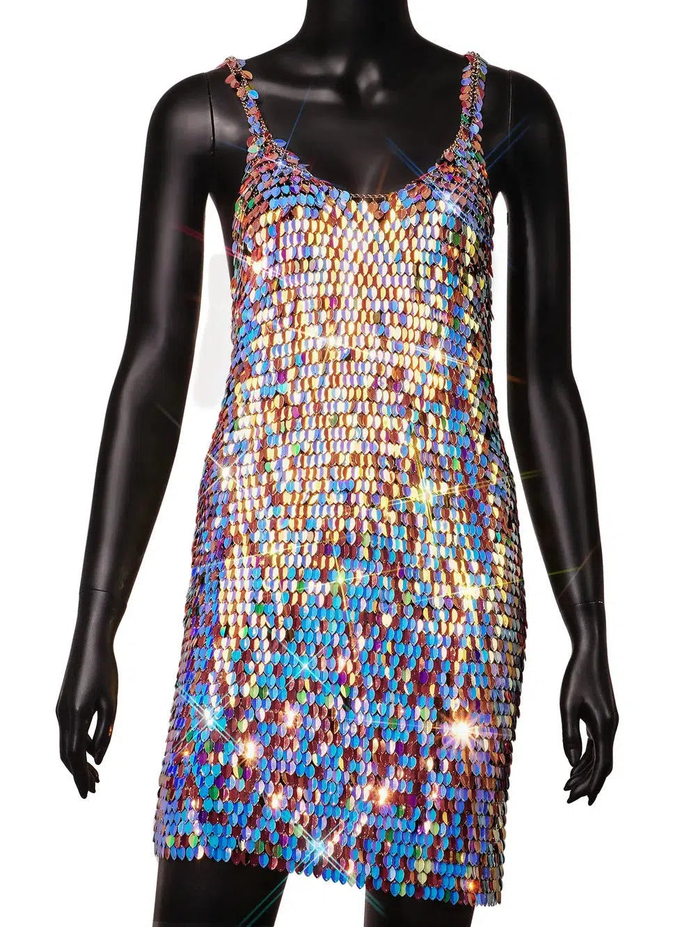 2023 New Handmade Squamous Glitters Party Sequin Mini Dress Dance Stage Costume Rave Wear Multicolor Leaf Chainmail Prom Dress-Bennys Beauty World