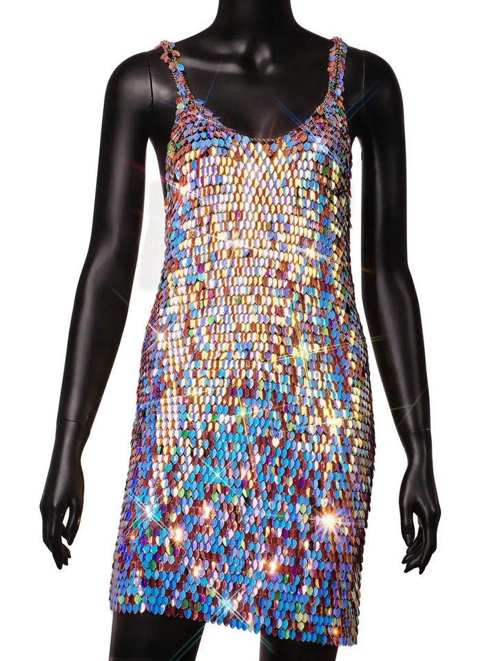 2023 New Handmade Squamous Glitters Party Sequin Mini Dress Dance Stage Costume Rave Wear Multicolor Leaf Chainmail Prom Dress-Bennys Beauty World
