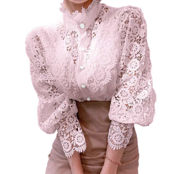 Elegant Lace Tops Embroidery Hollow Out Solid Tunic Blouse