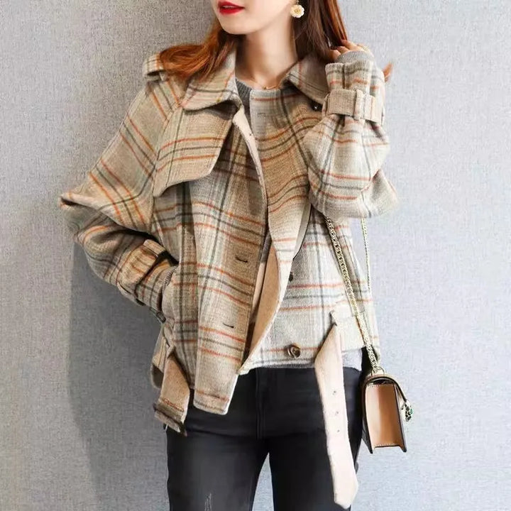 Wool Short Coats Women Jackets Blends Turn Down Collar Coat Plaid Print Y2k Streetwear Jacket Work Outerwear Autumn Winter