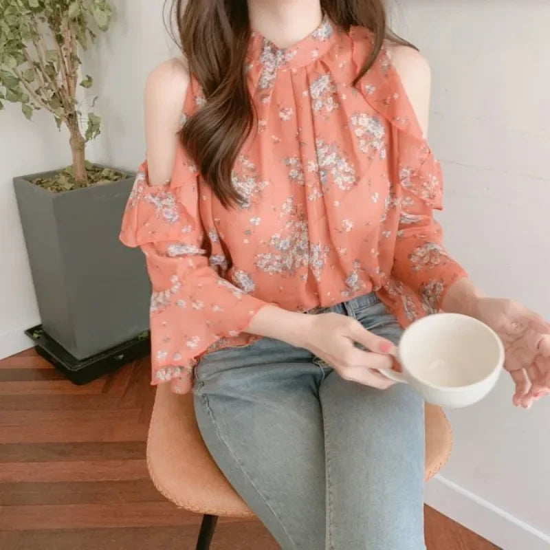 Floral Chiffon Shirts & Blouses For Women Off Shoulder Women's Top-Blouse-Bennys Beauty World
