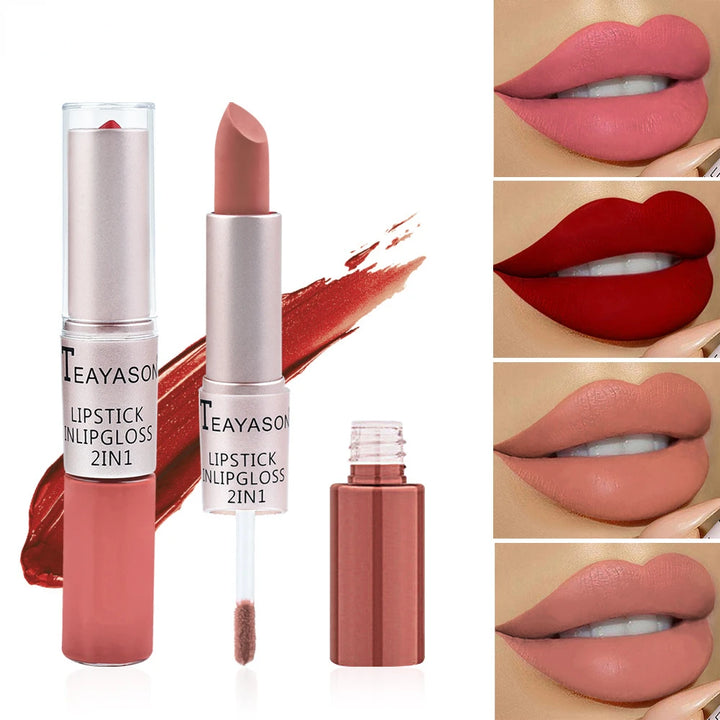 Long Lasting Velvet Matte Lipstick Double Head Lip Gloss Non-stick