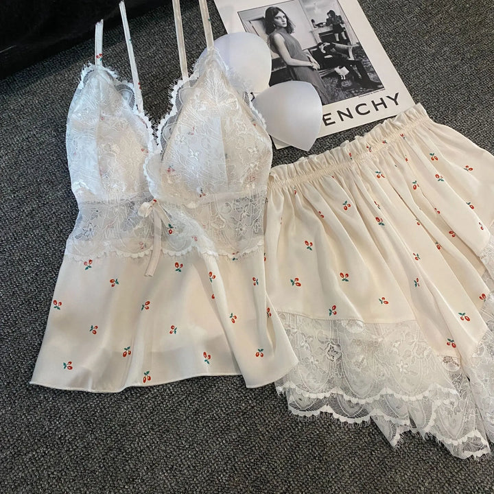 Summer Women Pajamas Lingerie Two Piece Lace Sleepwear