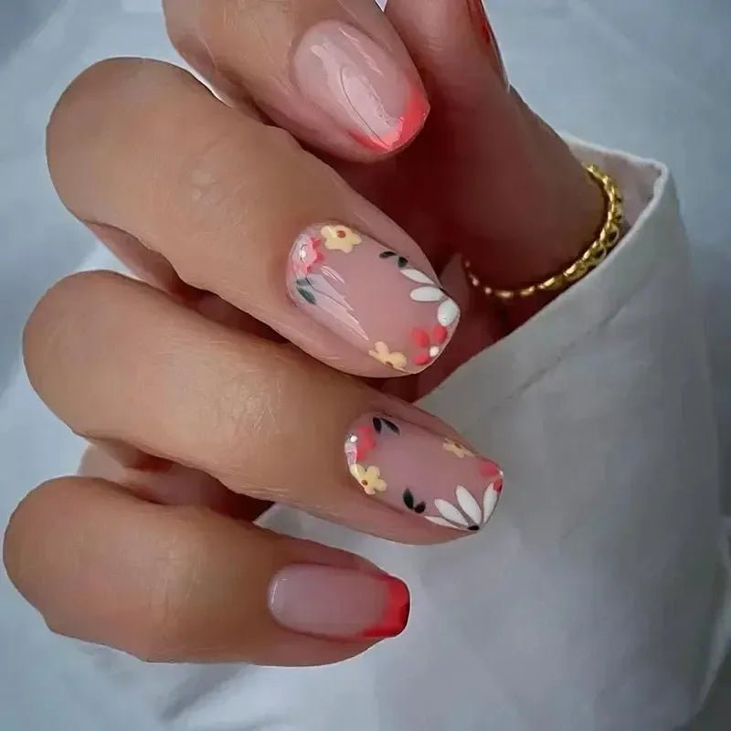Short Square French Flower Press - On Nails 24 Pcs - Bennys Beauty World