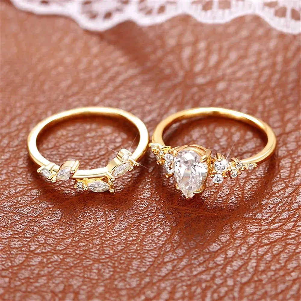 Water Drop Cubic Zirconia Bridal Ring Set – 2-Piece Gold Tone Wedding Band Set for Women-rings-Bennys Beauty World
