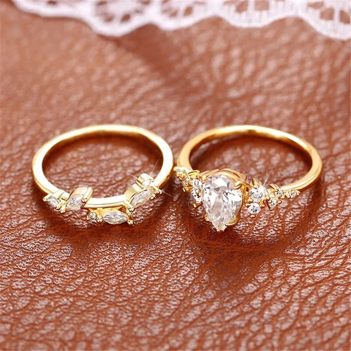 Water Drop Cubic Zirconia Bridal Ring Set – 2-Piece Gold Tone Wedding Band Set for Women-rings-Bennys Beauty World