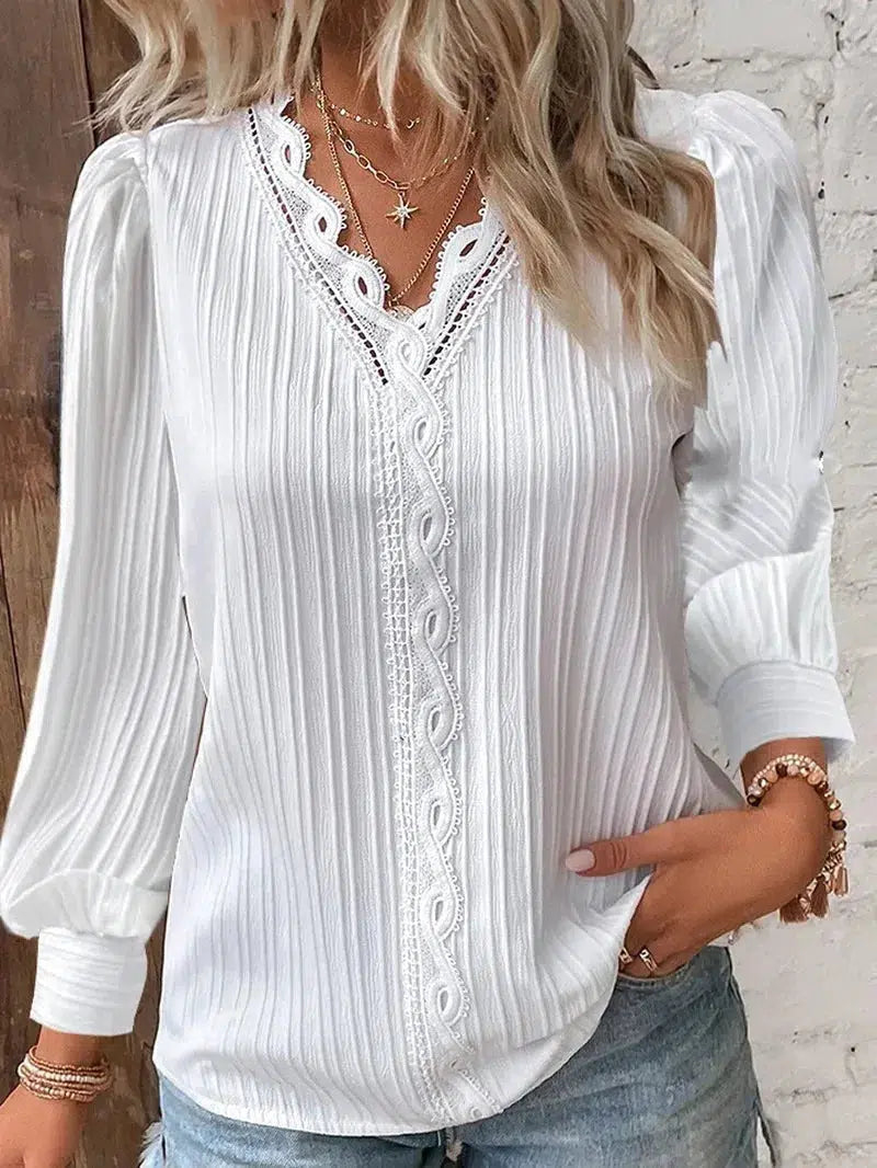 Women's Blouses Long Sleeved V-neck Lace Shirt 2023 Spring Autumn Solid Patchwork Blouse Elegant Office Lady Tops Casual Blusa-Bennys Beauty World