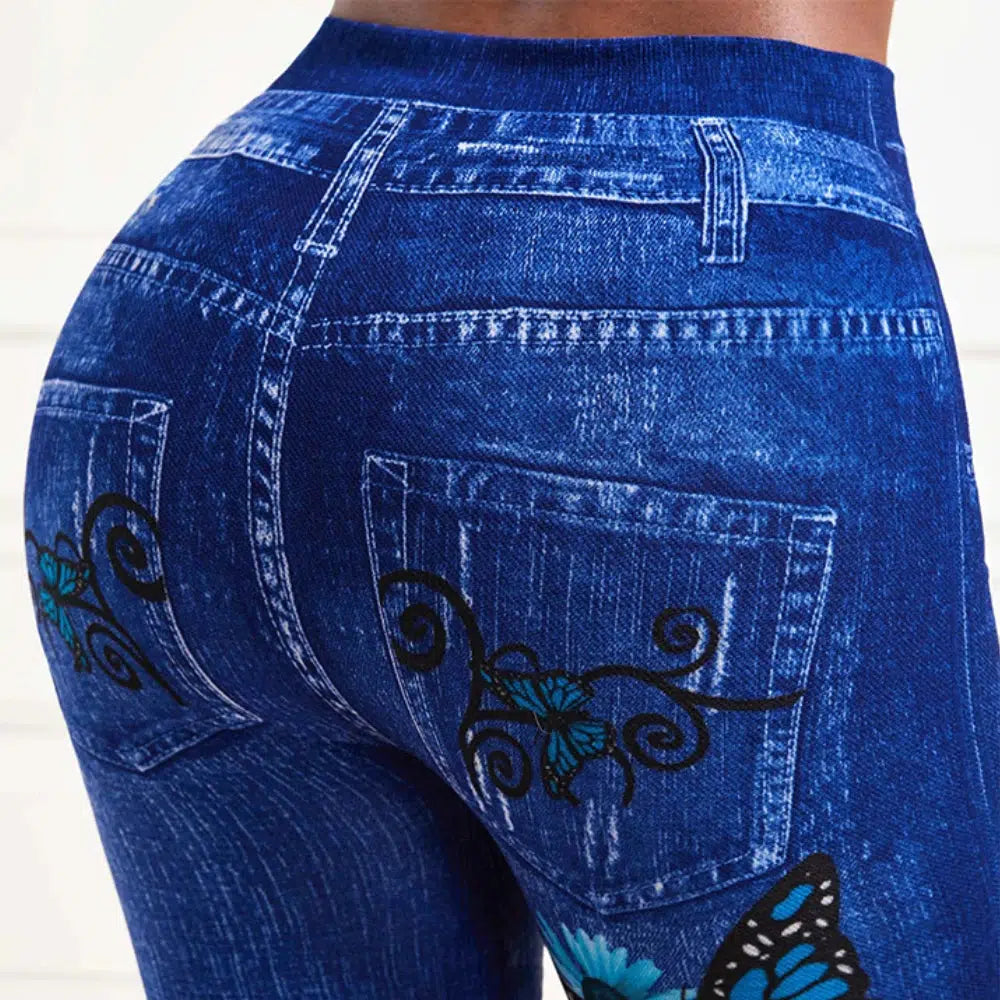 Womens High Waist Stretchy Legging Denim Look Skinny Leggings