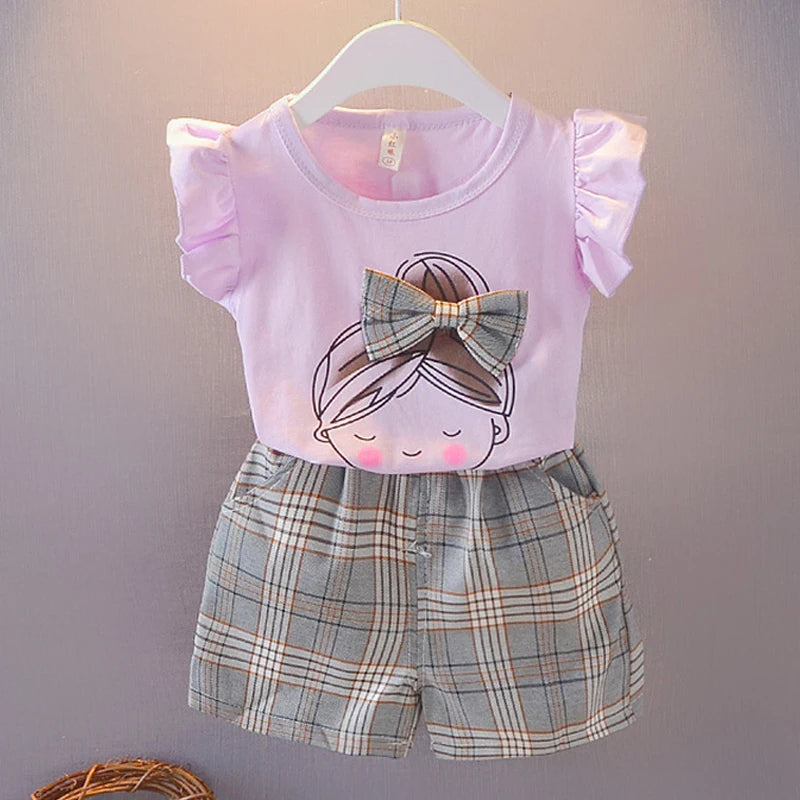 Girls Ruffle Sleeve Bow T-Shirt &amp; Plaid Shorts Set | 2-Piece Summer Outfit | Ages 2–7
