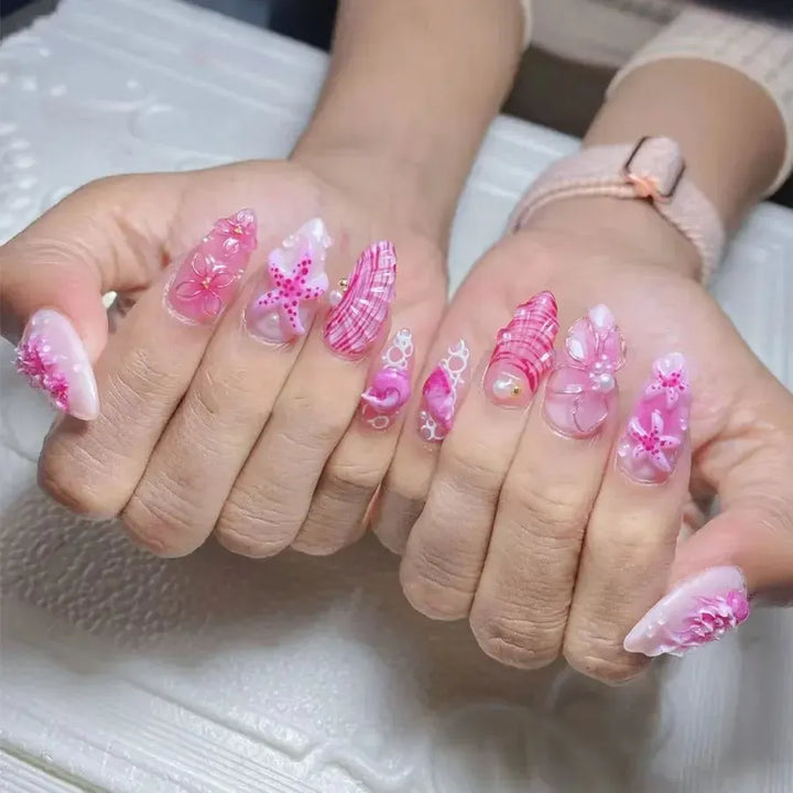 Gradient Pink Almond Press-On Nails – 24 Pcs Flower &amp; Pearl Design False Nails-Nails-Bennys Beauty World