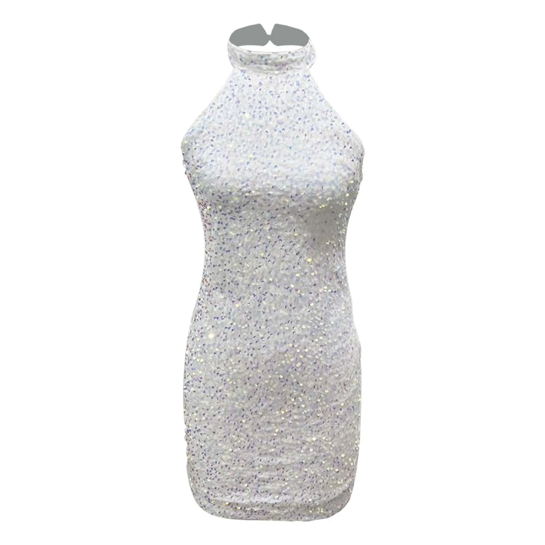 V-Neck Backless Ruched Sequin Bodycon Dress