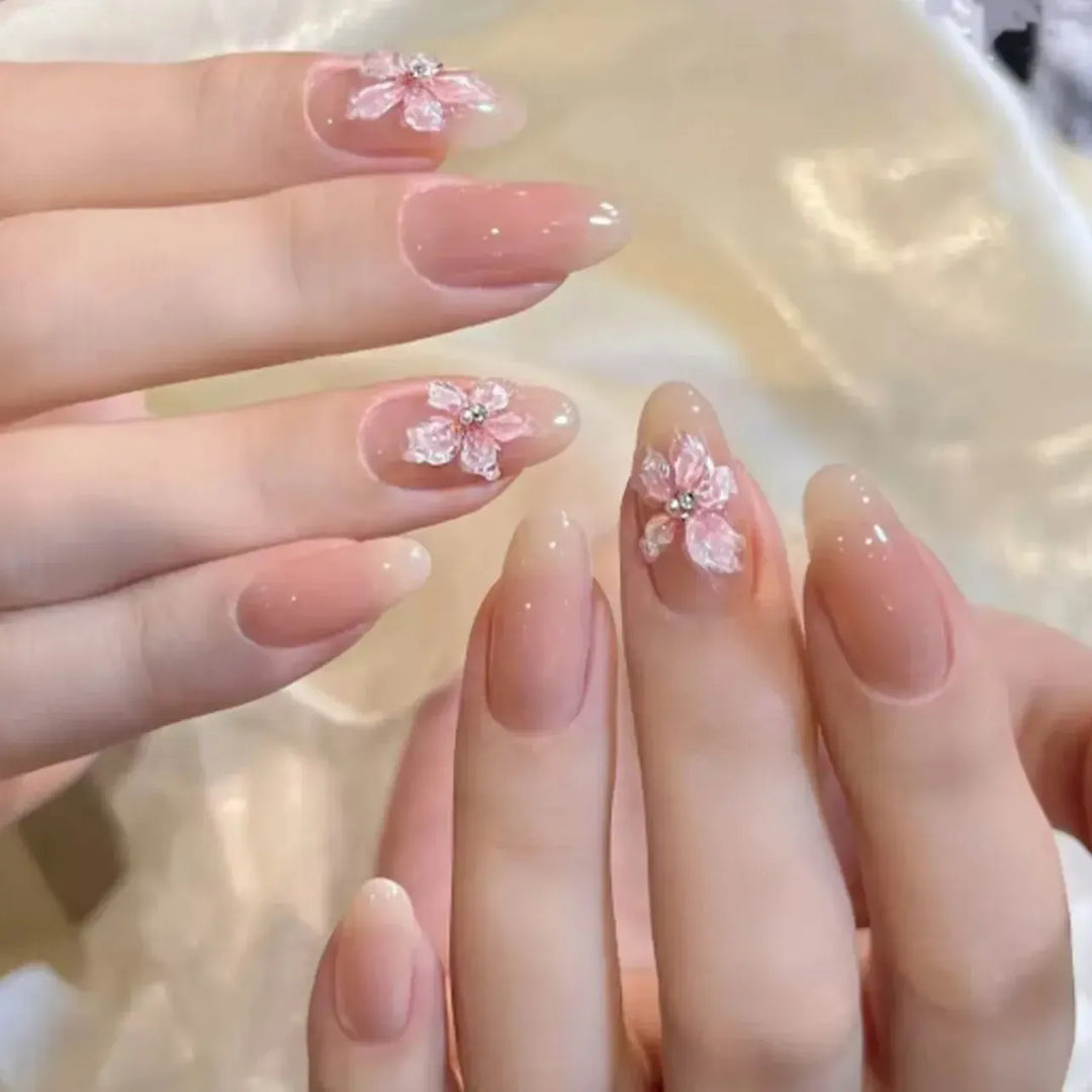 Almond Press-On Nails – 24 Pcs Flower Pattern False Nails | Bennys Beauty World-Nails-Bennys Beauty World