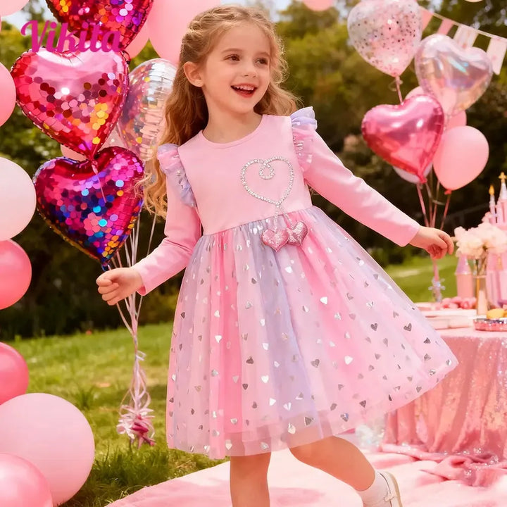VIKITA Girl Flare Sleeve Autumn Spring Pink Dress Kids Heart Shape Mesh Tulle Princess Party Casual Cute Fashion Gradient Frocks-Bennys Beauty World