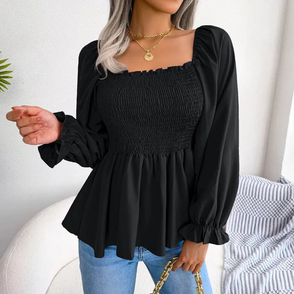 Women Chiffon Blouse 2023 Long Sleeve Casual Ruffles Peplum Top White Red Green Blue Black-Bennys Beauty World