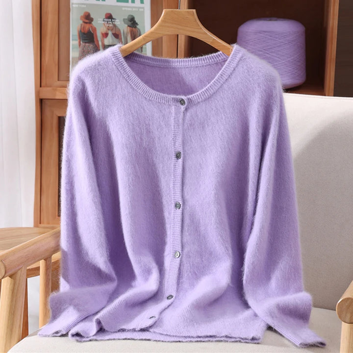 New Women 100% Mink Cashmere Sweater O-Neck Buttons Cardigan Autumn Winter Soft Warm Cable Kint Sweater Casual Long  Sleeve Tops