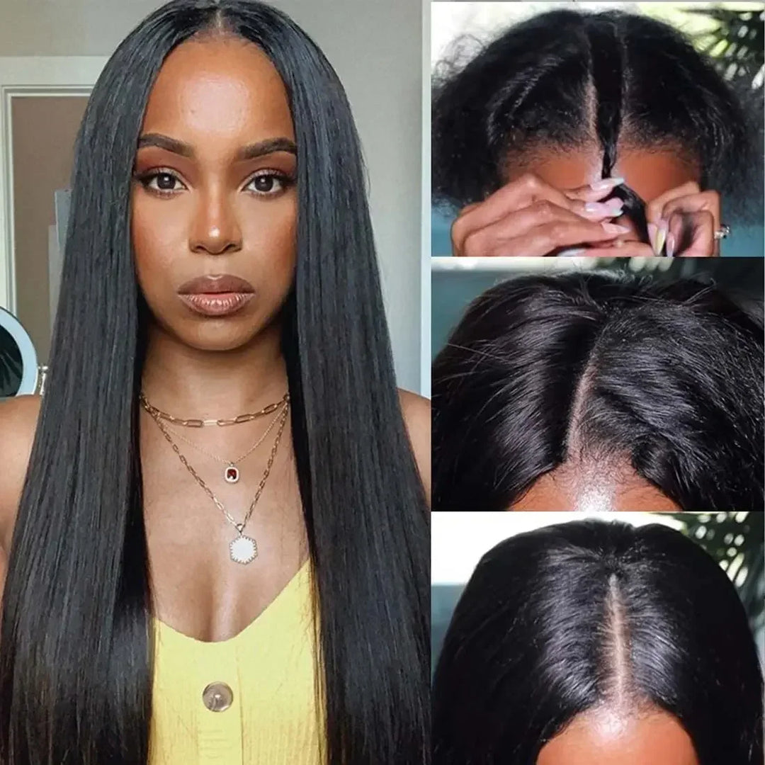 V Part Straight Human Hair Wig — Glueless Remy Brazilian, No Leave Out