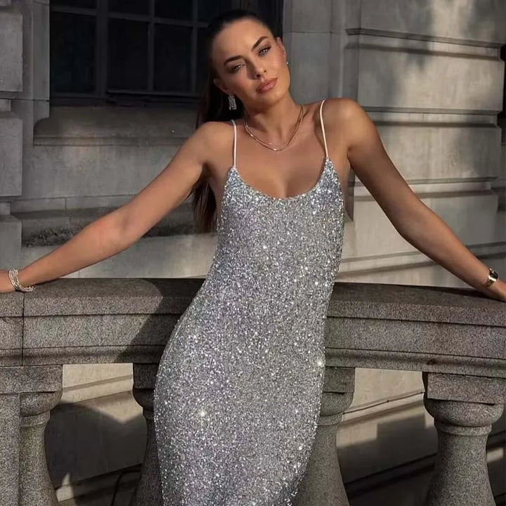 Women's Sequin Maxi Dress With Spaghetti Strap