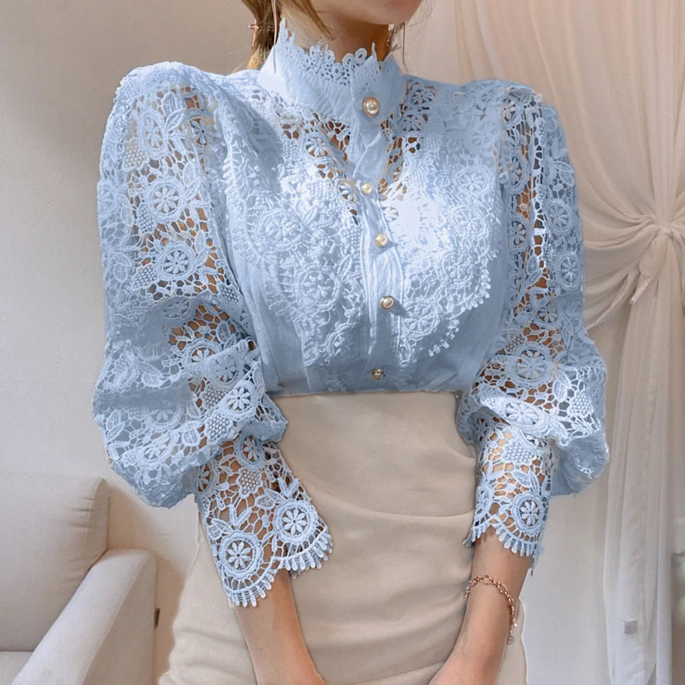 Elegant Lace Tops Embroidery Hollow Out Solid Tunic Blouse