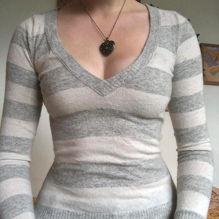 Vintage Knitted Sweater Cutest V Neck Long Sleeve Stripe Jumper-blouse-Bennys Beauty World