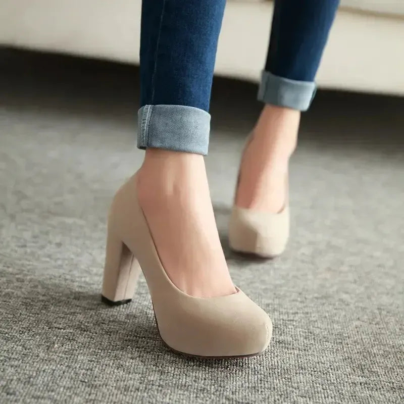 Women's Platform Square Heel Pumps – Pointed Toe Slip-On Dress Shoes-Bennys Beauty World