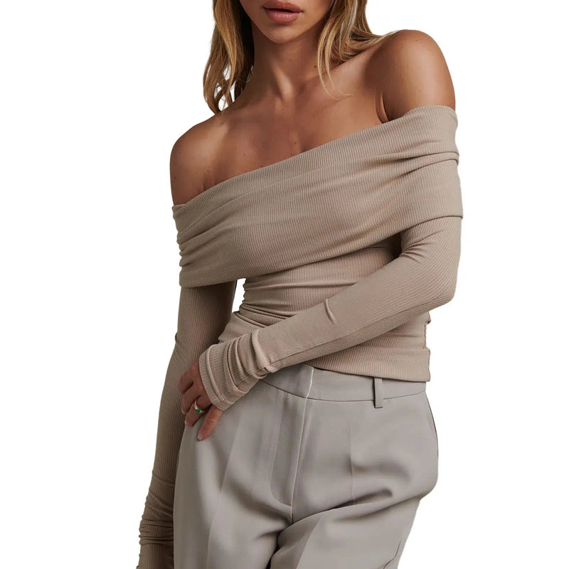 Womens Off Shoulder Sweaters Long Sleeve Strapless Soft Knit Pullover-blouse-Bennys Beauty World