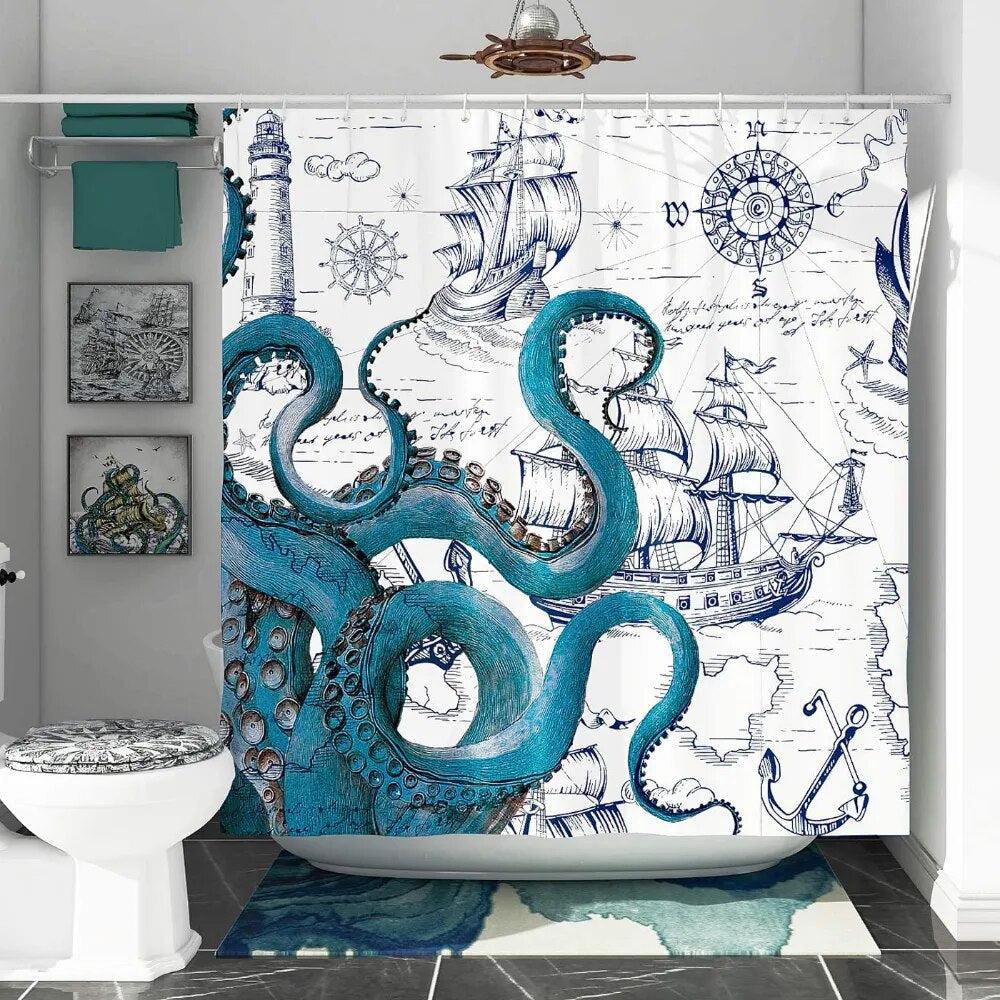 3D Polyester Octopus Vintage Shower Curtain-Shower Curtains-Arlik interiors