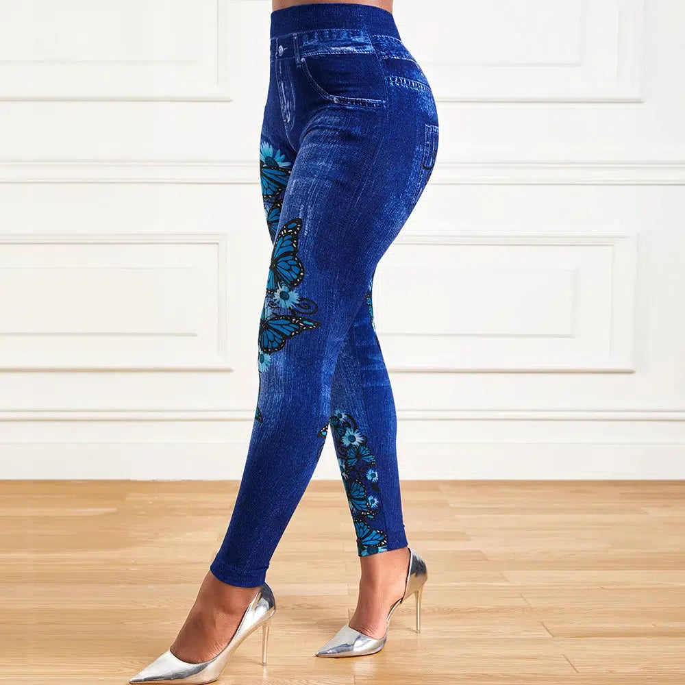 Womens High Waist Stretchy Legging Denim Look Skinny Leggings