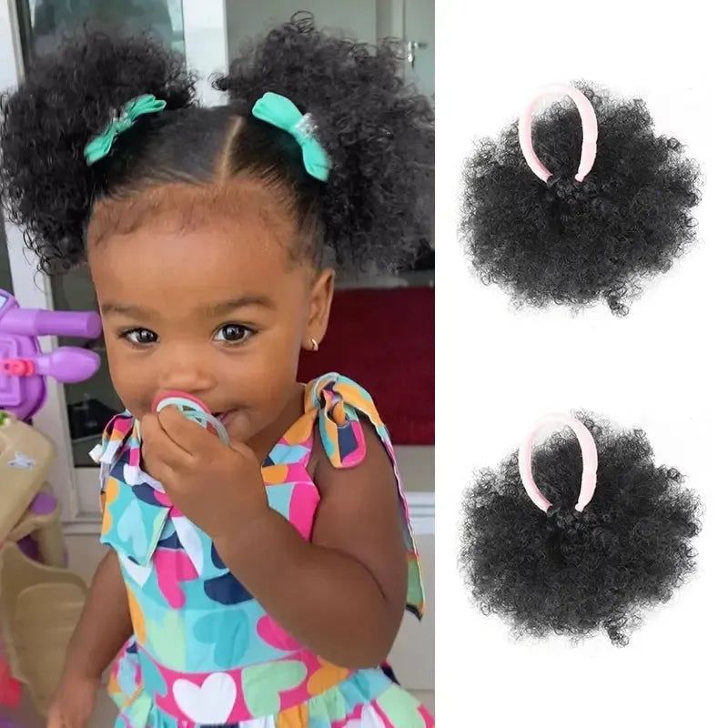 2Pcs/pack Afro Puff Hair Bun for Kids Synthetic Kinky Curly Hair Ponytail Extensions with Hair Tie Cute Hair Bun Wig for Kids-Bennys Beauty World