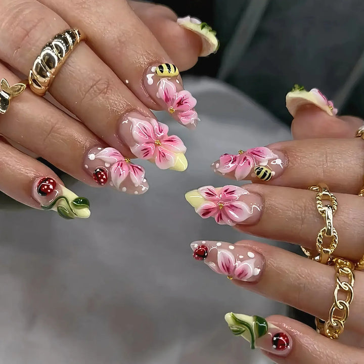 Gradient Pink Almond Press-On Nails – 24 Pcs Flower &amp; Pearl Design False Nails-Nails-Bennys Beauty World