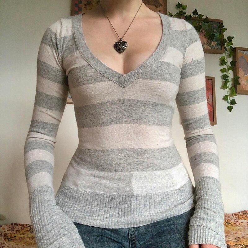 Vintage Knitted Sweater Cutest V Neck Long Sleeve Stripe Jumper-blouse-Bennys Beauty World