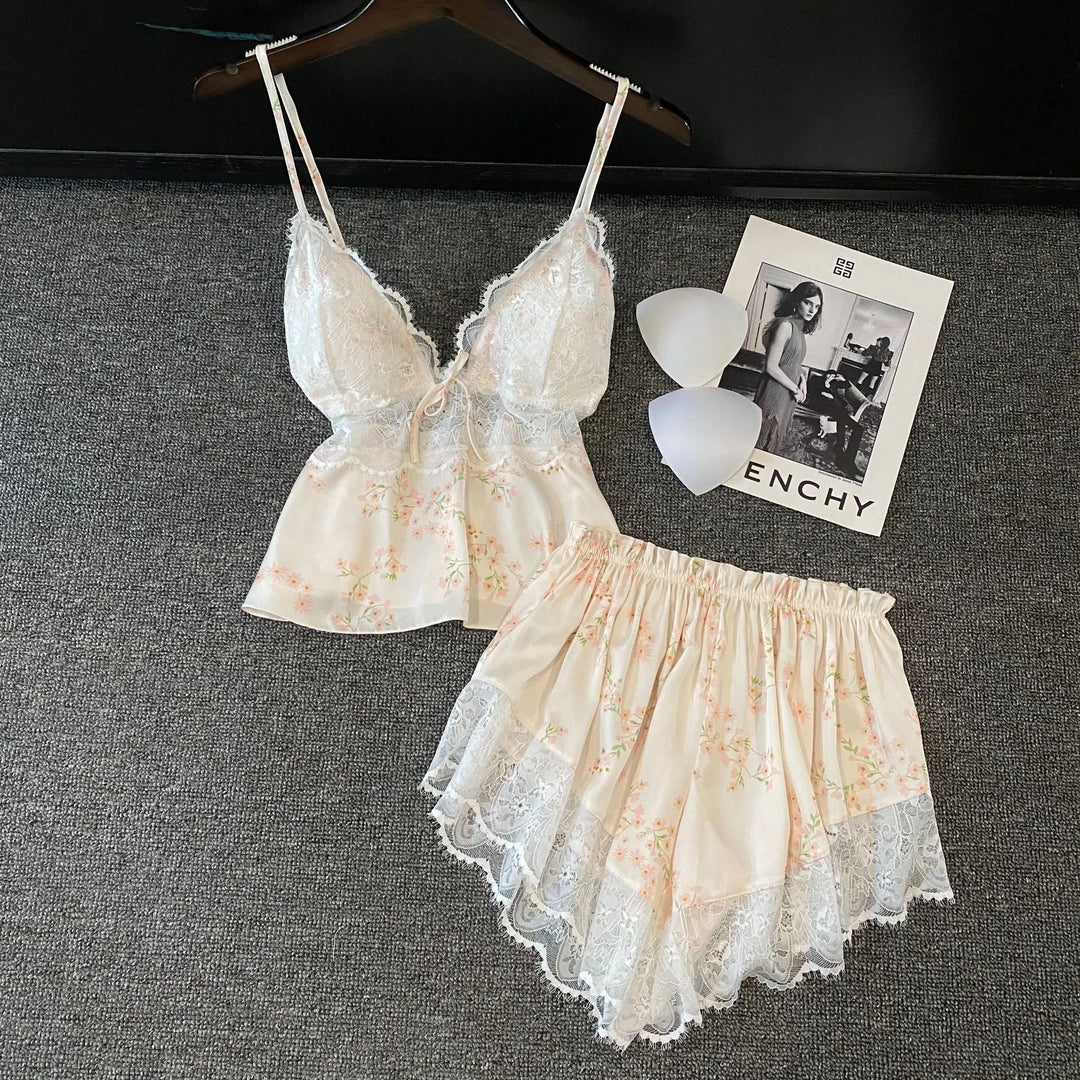 Summer Women Pajamas Lingerie Two Piece Lace Sleepwear