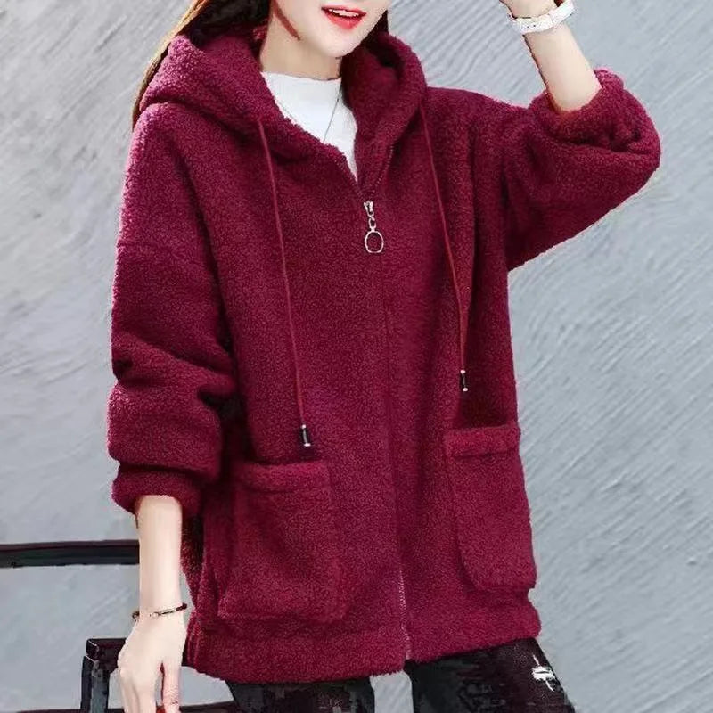 Women's Hooded Coat Chic Fleece Thick Solid Color Coat with Pockets
