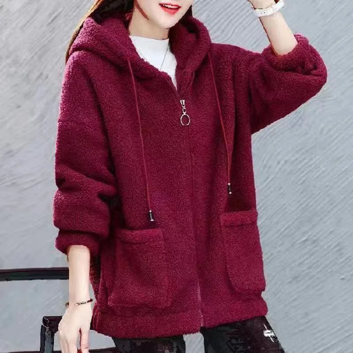 Women's Hooded Coat Chic Fleece Thick Solid Color Coat with Pockets