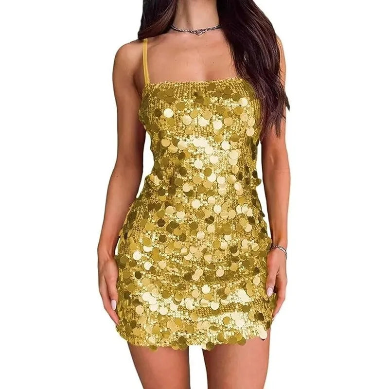 Sequin Square-Neck Spaghetti Strap Bodycon Mini Dress