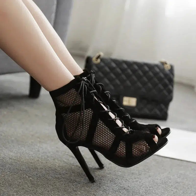 New Fashion Show Black Net Fabric Cross Strap Sexy High Heel Sandals Woman Shoes Pumps Lace-up Peep Toe Sandals Casual Mesh-Bennys Beauty World