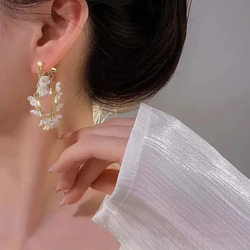 Camellia Flower Petal Earrings | Removable Tassel Dangle - Bennys Beauty World