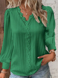 Women's Blouses Long Sleeved V-neck Lace Shirt 2023 Spring Autumn Solid Patchwork Blouse Elegant Office Lady Tops Casual Blusa-Bennys Beauty World