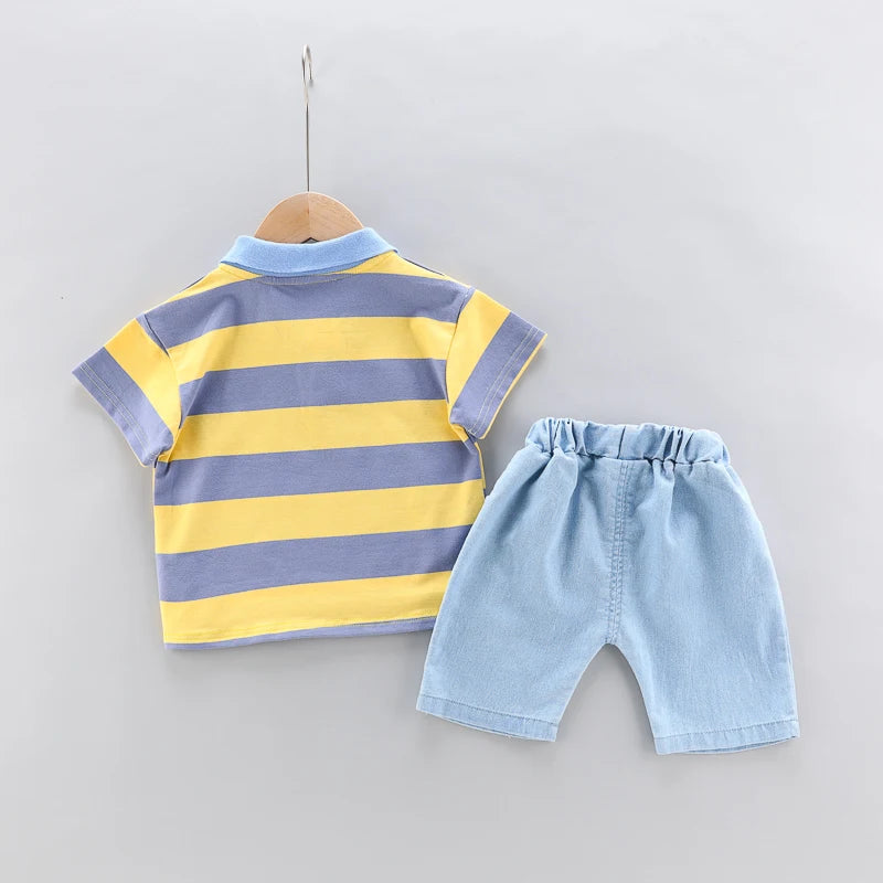Baby boys Polo Shirt + Handsome Denim Shorts-Outfit Set-Bennys Beauty World
