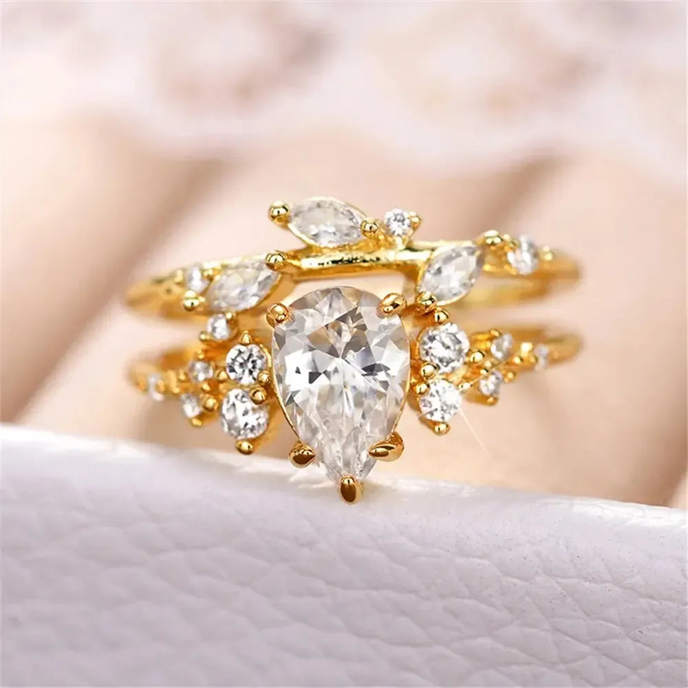 Water Drop Cubic Zirconia Bridal Ring Set – 2-Piece Gold Tone Wedding Band Set for Women-rings-Bennys Beauty World