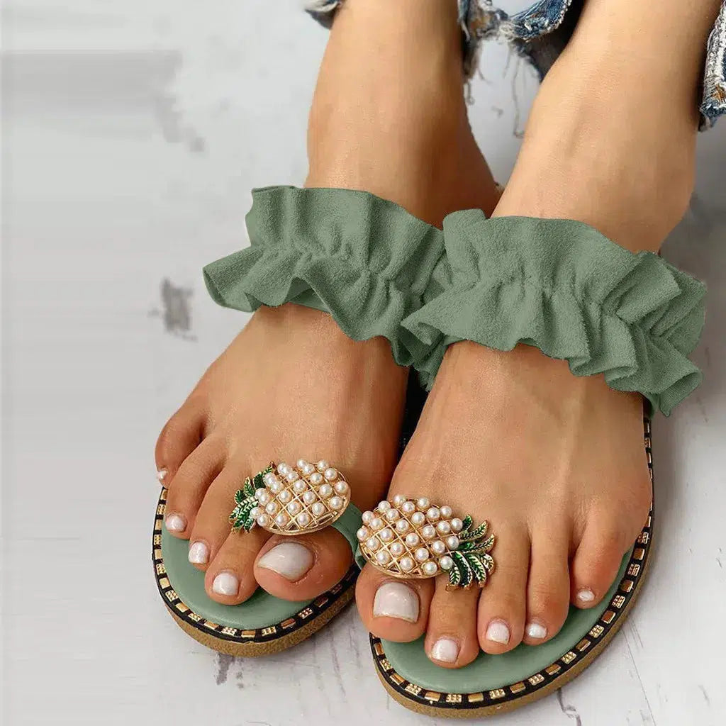 Women Slipper Pineapple Pearl Flat Toe Bohemian Summer Sandals-Shoes-Bennys Beauty World