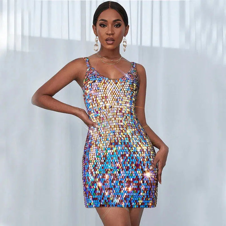 2023 New Handmade Squamous Glitters Party Sequin Mini Dress Dance Stage Costume Rave Wear Multicolor Leaf Chainmail Prom Dress-Bennys Beauty World