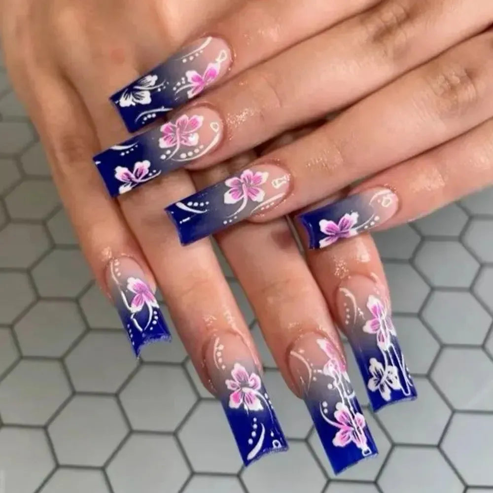 Long Coffin Press-On Nails – 24 Pcs Gradient Flower Design Reusable False Nails-Bennys Beauty World