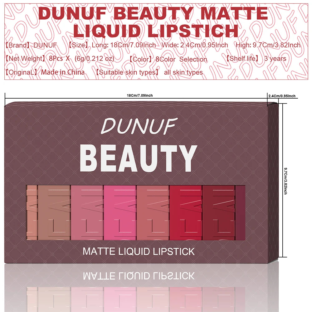 Matte Lip Gloss 8pc/set: Waterproof Lipstick Moisturizing Long Lasting Non-Stick Cup, Nude, Y2K Christmas Valentine&