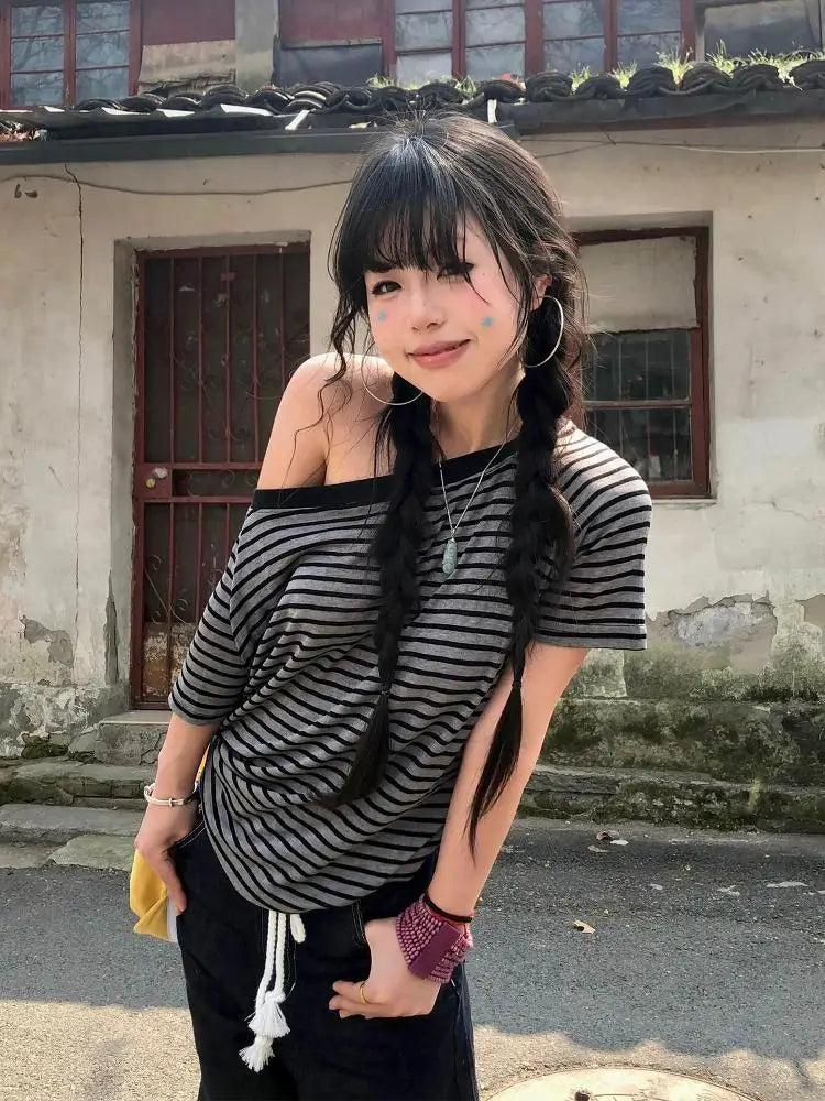 T-Shirt For Women Striped Off-Shoulder Grunge Tops