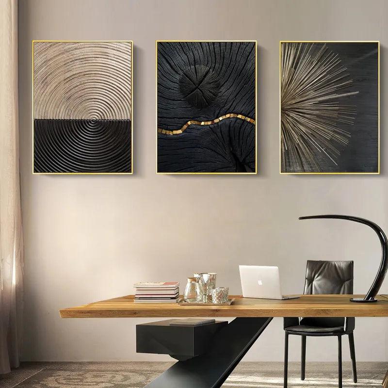 Wall Prints Abstract Retro Black Gold Wood Art Posters 3D Tree Ring Radial Lines Nordic Canvas Picture Home Decor Paintings-Arlik interiors