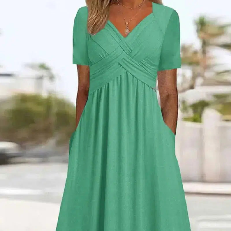 Womens Fashion Casual Solid Color V-neck Short Sleeve Summer Dresses-Bennys Beauty World