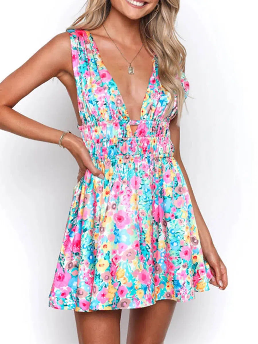 Womens Mini Dress Sleeveless V Neck Backless Flower Print Dress-Dress-Bennys Beauty World